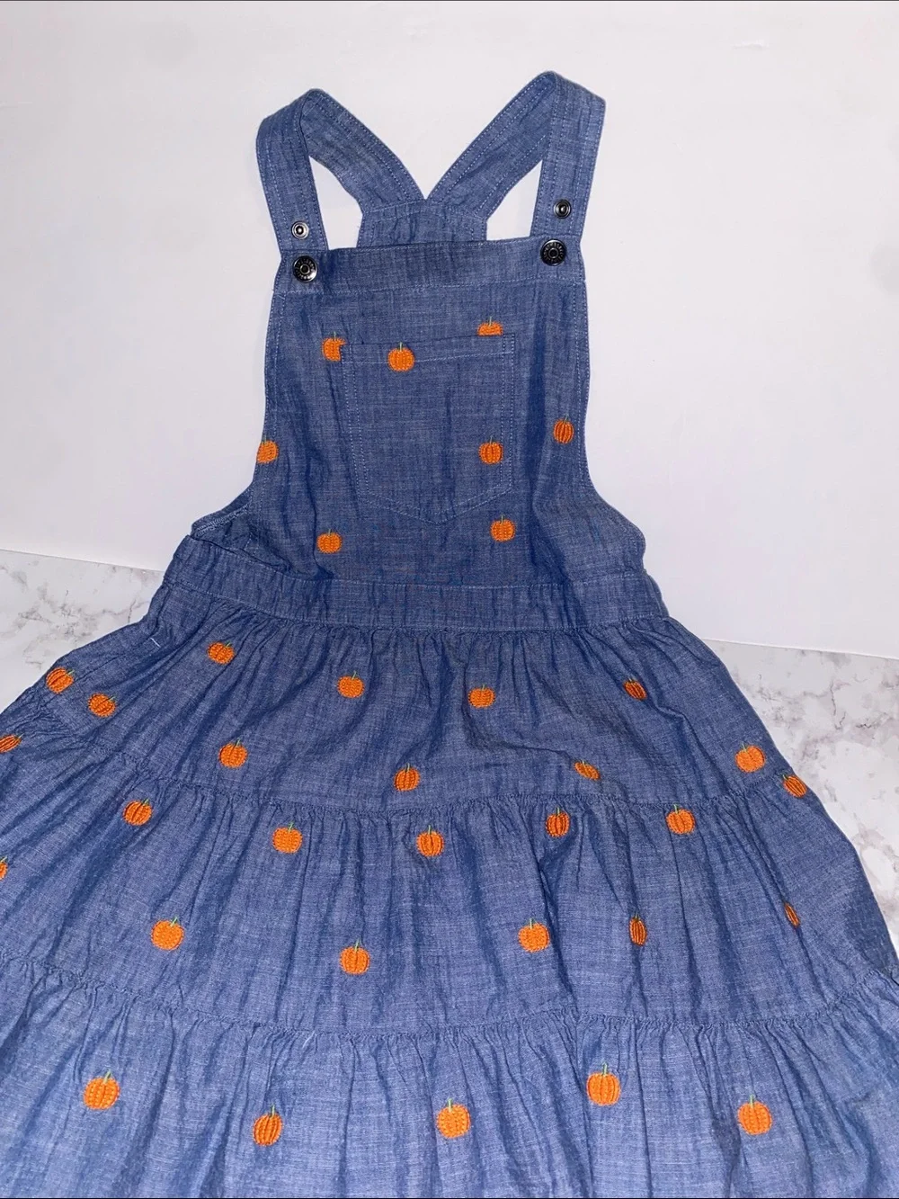 Gymboree Blue Denim-Style Pinafore Dress with Orange Pumpkin Dots